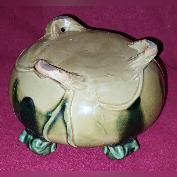 Beautiful Majolica Style Frog on a Log Pottery Wooden 3 Footed Planter 6.5"x7" - Picture 5 of 11